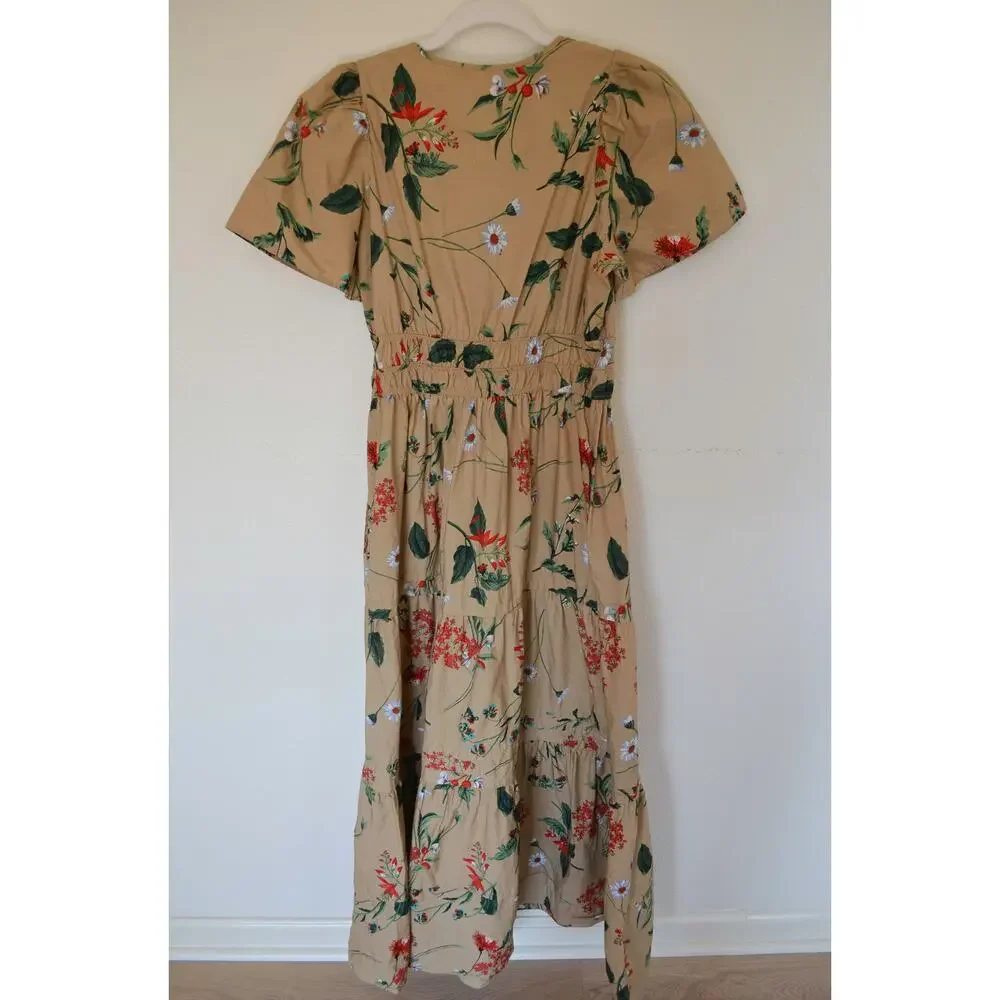 Anthropologie The Somerset Maxi Dress Tiered Smock Floral Khaki Tan - Picture 6 of 7